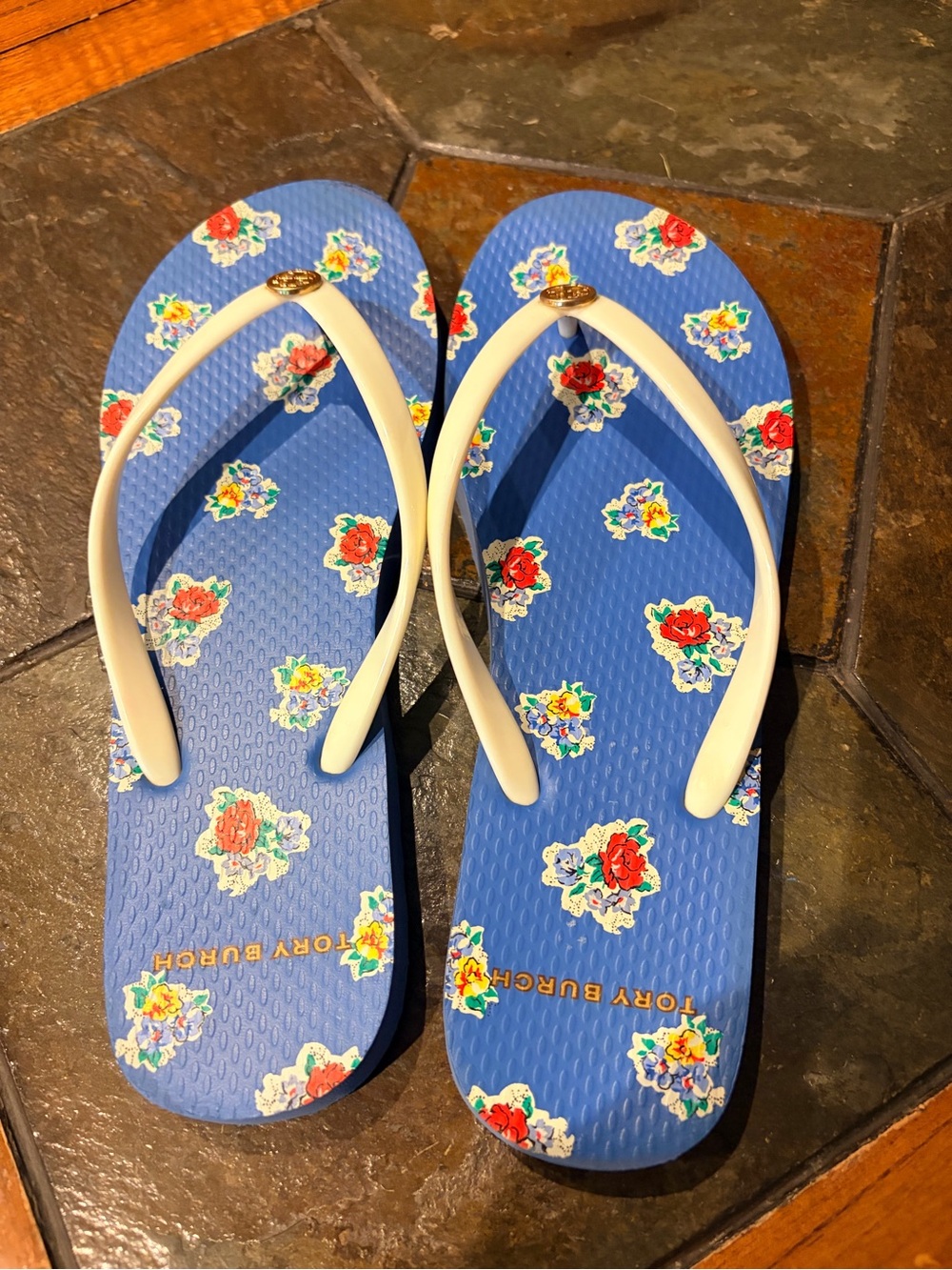 Tory Burch Blue Floral Flip Flops with Cream Straps and Gold Logo